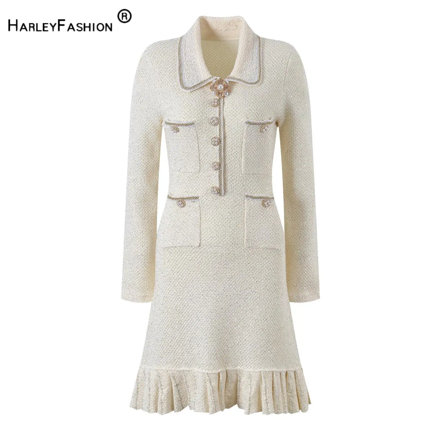 Women Knit Sequin Beading Slim Fitted Flounced Short Dress