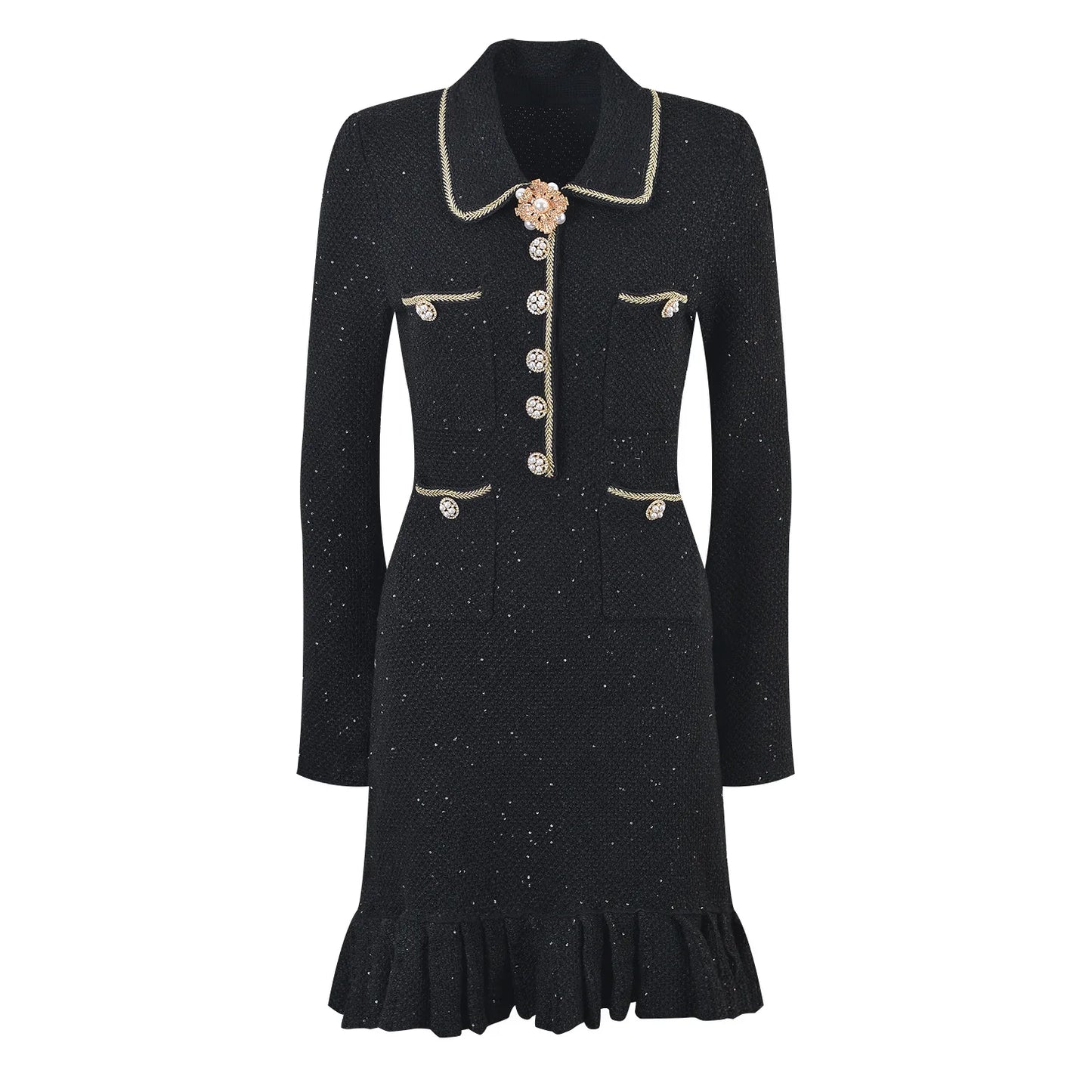 Women Knit Sequin Beading Slim Fitted Flounced Short Dress
