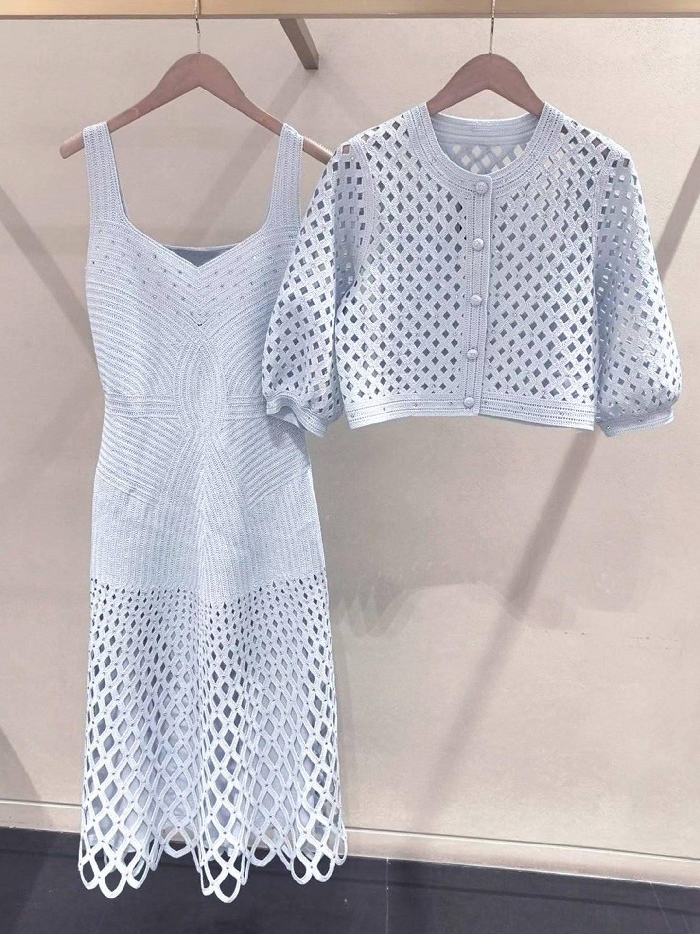 Women's Blue Openwork Diamond-Embedded Two-Piece Set