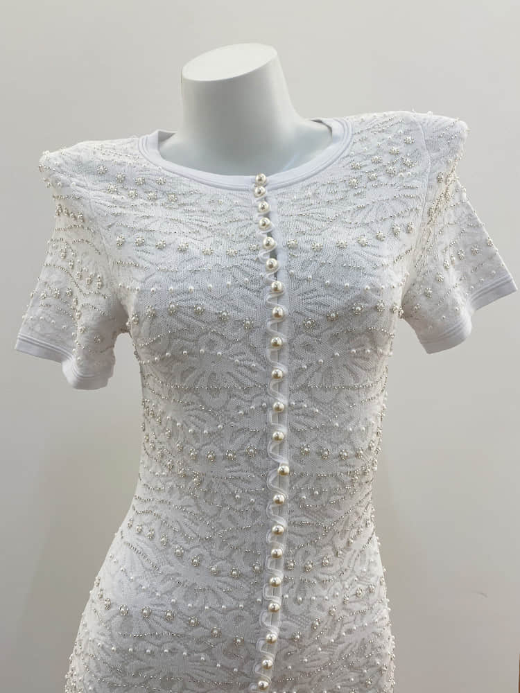 Women's lace openwork pearl short-sleeved white dress