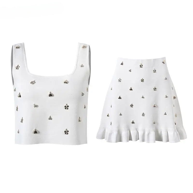 Square Collar Sleeveless Tank Top Slim Mini Skirt Women Solid 2Pcs