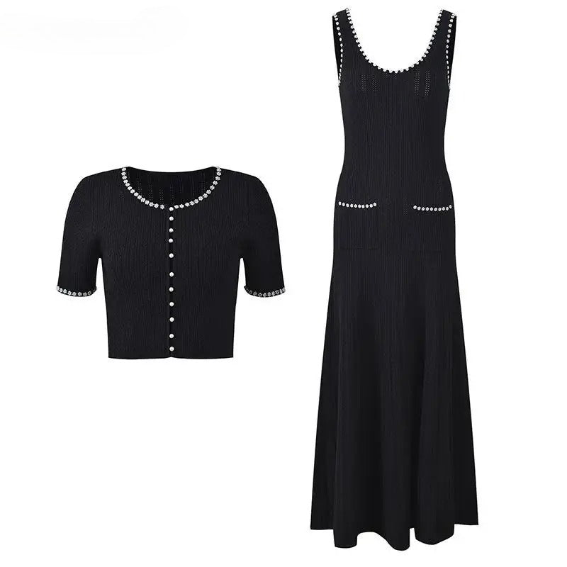 Women's black elegant two-piece suit with short-sleeved cardigan or sleeveless vest dress