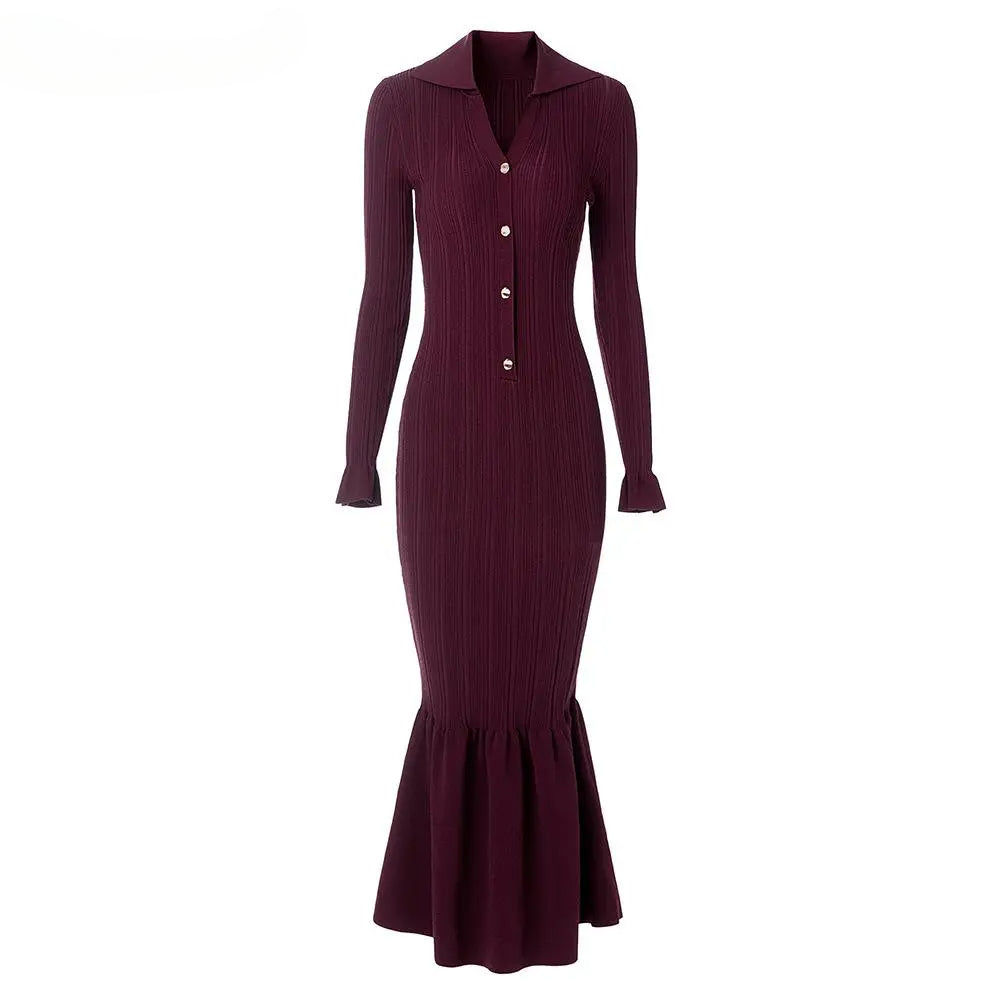 Women Knit Slim Fitted Flared Hem Maxi Dress