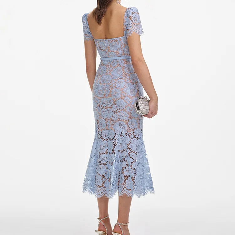 Women's blue lace hollow elegant short-sleeved dress