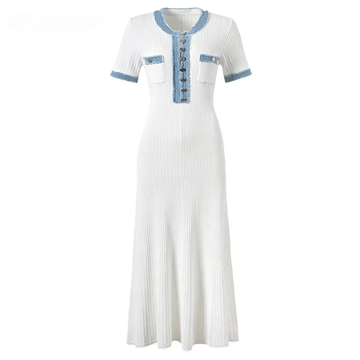 O-neck Short Sleeve Single-breasted Knitted Fit And Flare Long Dress