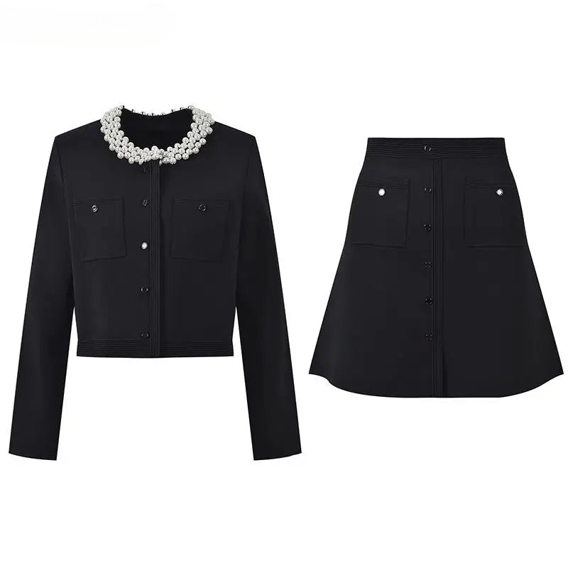 O-neck Single-breasted Cardigan A-line Mini Skirt Women Solid 2Pcs