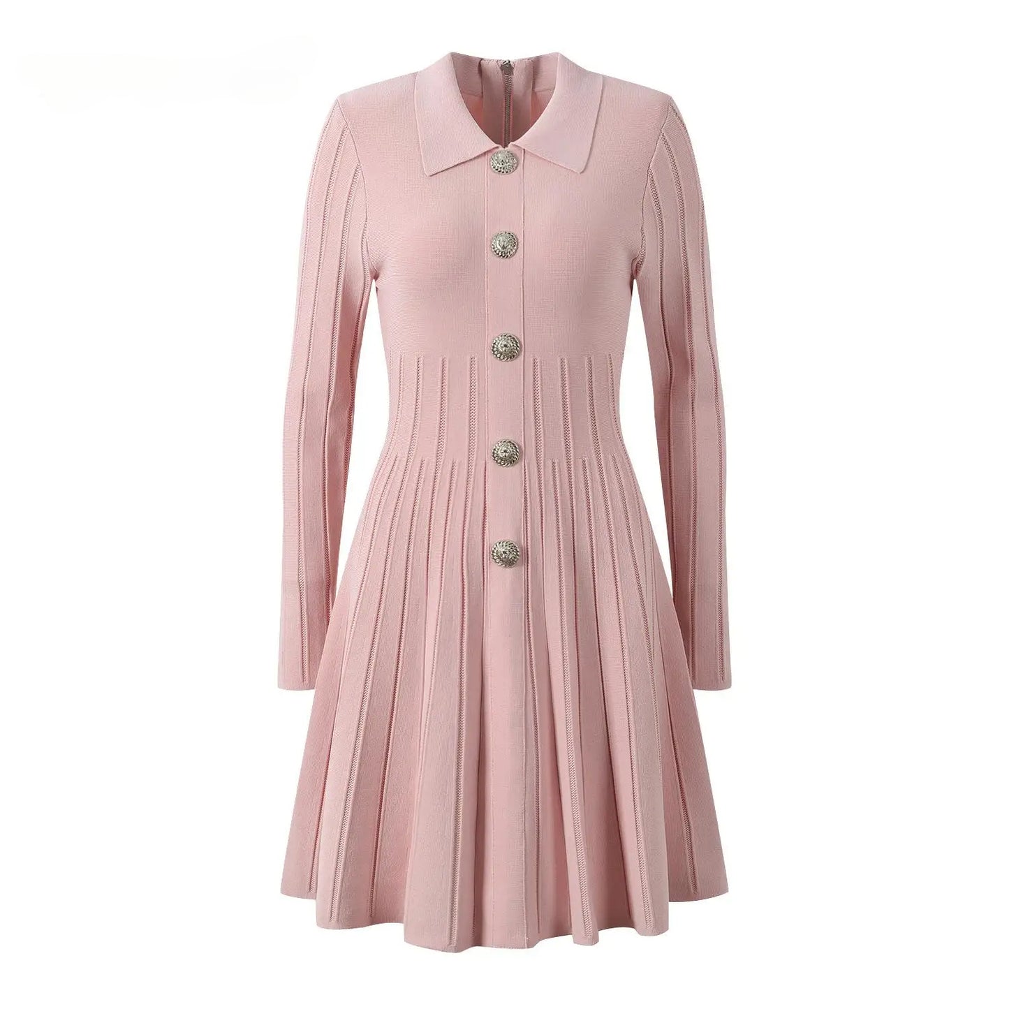 Women Knit Fit And Flared Single-breasted Solid Mini Dress