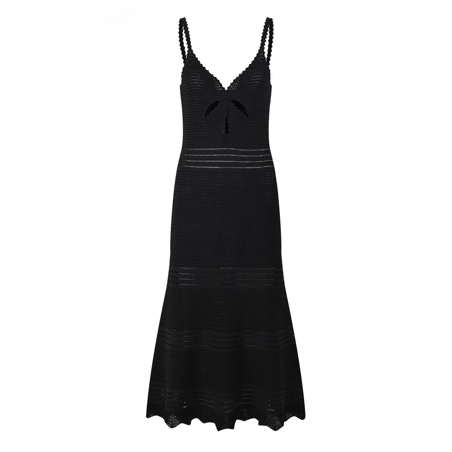 Women Hollow Out Knitted Designed Mermaid Skirt Slim Fitted Women Midi Slip Dress Black