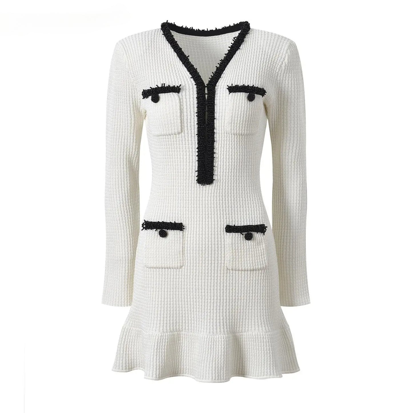 V-neck Long Sleeve Women Knit Slim Fitted Short Mini Colorblock Mermaid Dress