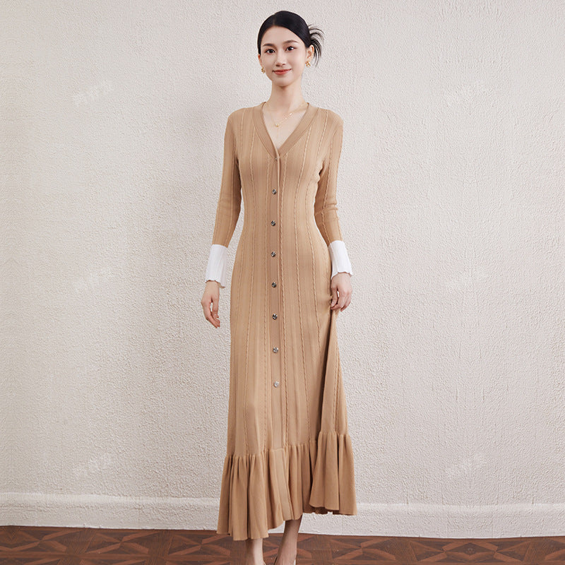 Women's long-sleeved patchwork knitted dress