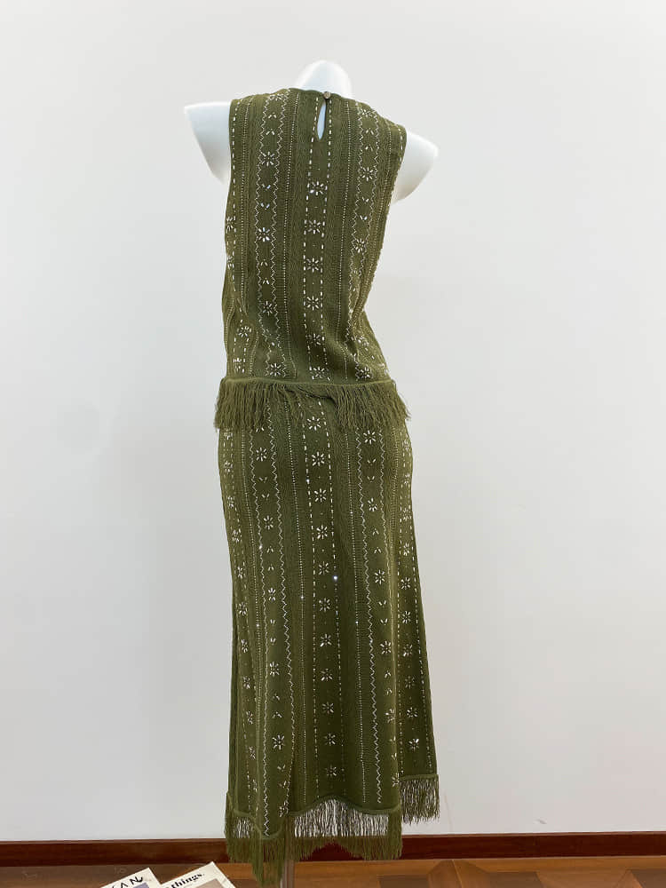 Green diamond-embellished knitted two-piece suit