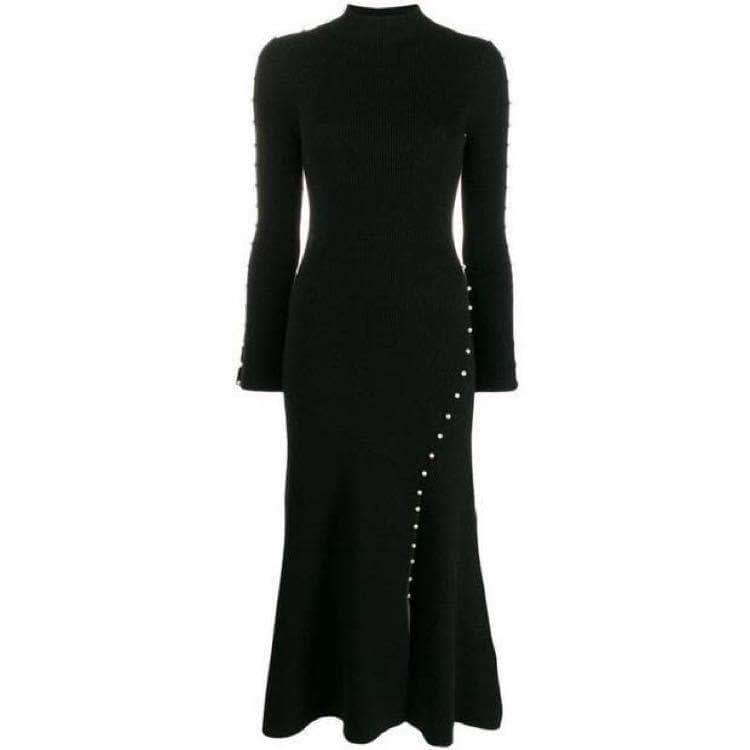 Women's black knitted round neck button-decorated maxi dress