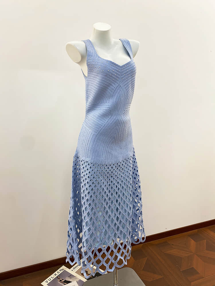 Women's blue hollow out knit dress