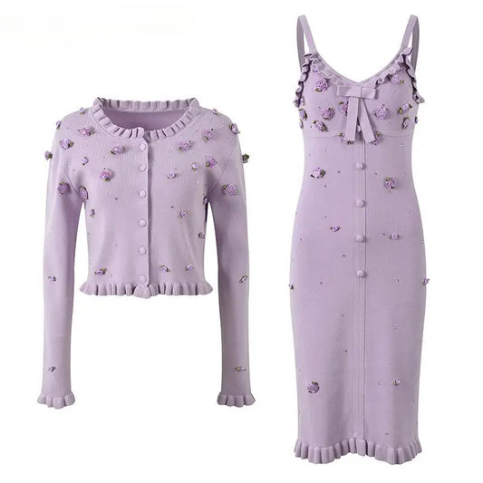 Single-breasted Cardigan Slips Mini Dress Women Solid Knit Flowers Twin Sets