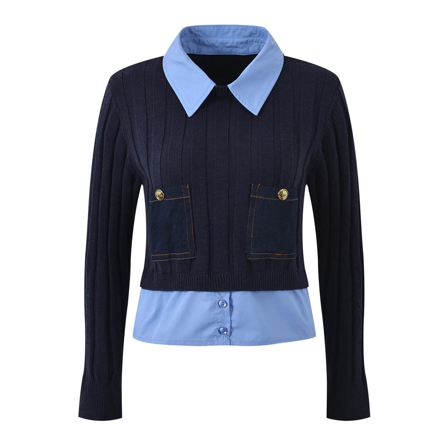 Black slim-fit knitted patchwork long-sleeved sweater