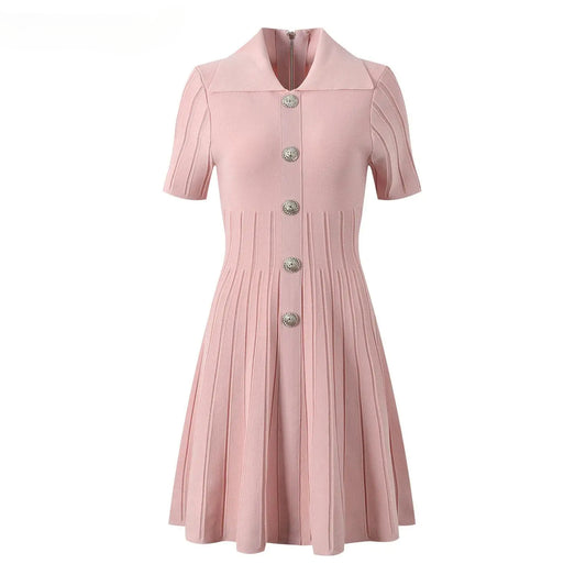 Women Knit Fit And Flared Single-breasted Solid Mini Dress
