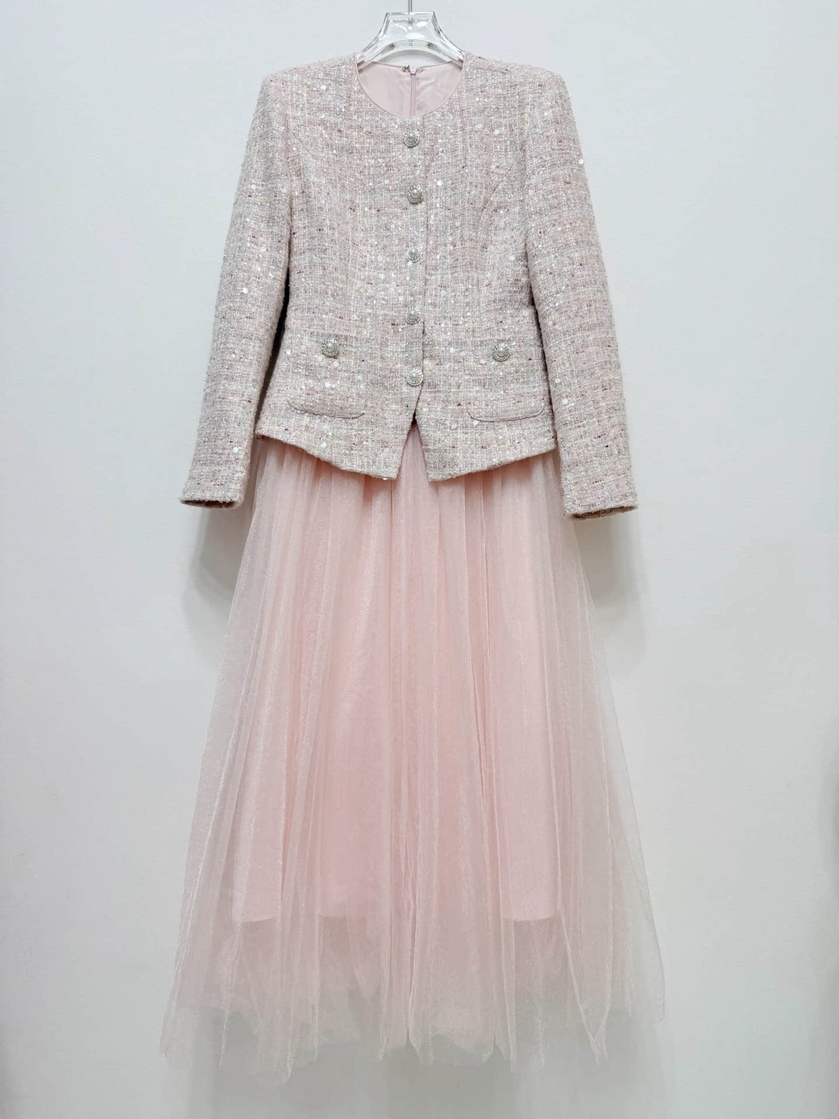 Pink long-sleeved patchwork elegant dress