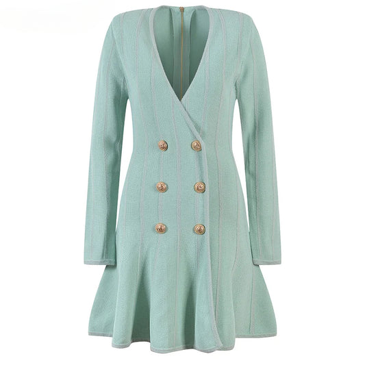 Women Luxury Design V-neck Long Slevee Fall 2025 Lady Knit A-line Dress