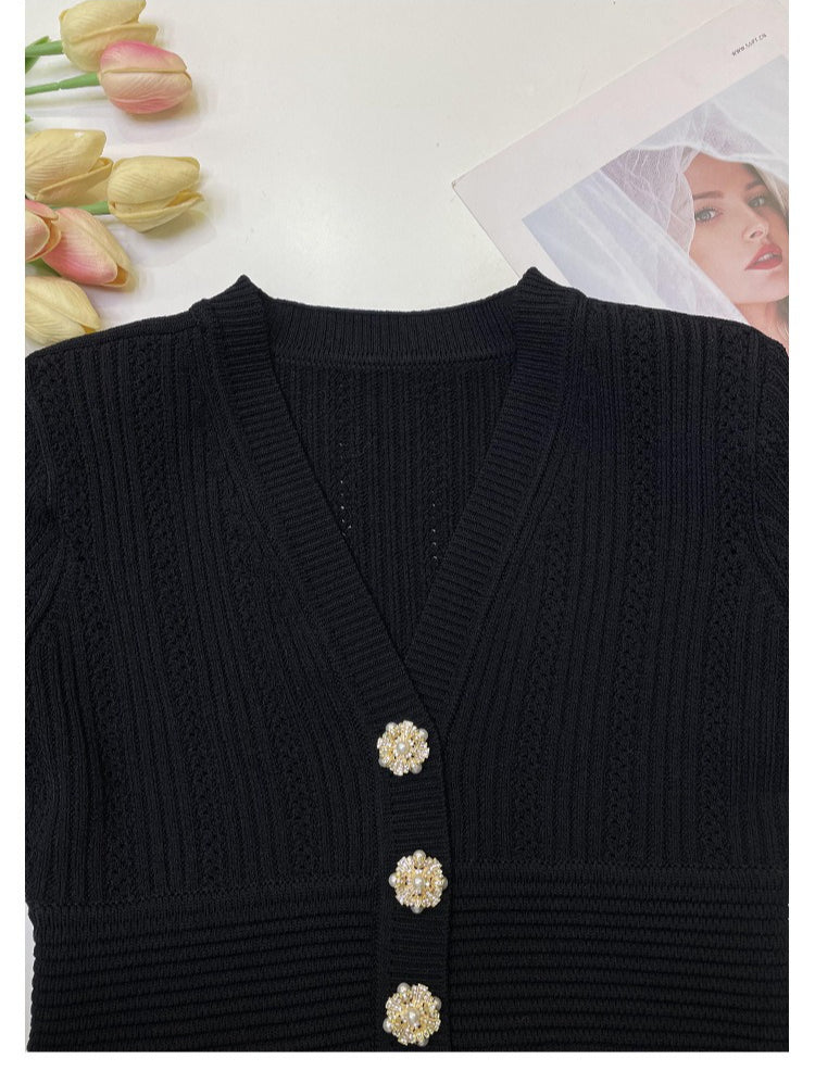 V-neck black long-sleeved cardigan for women