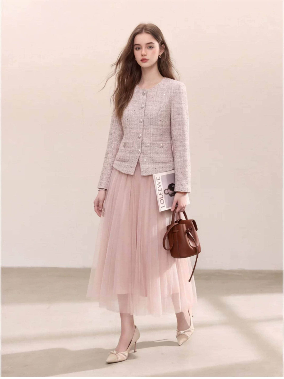 Pink long-sleeved patchwork elegant dress