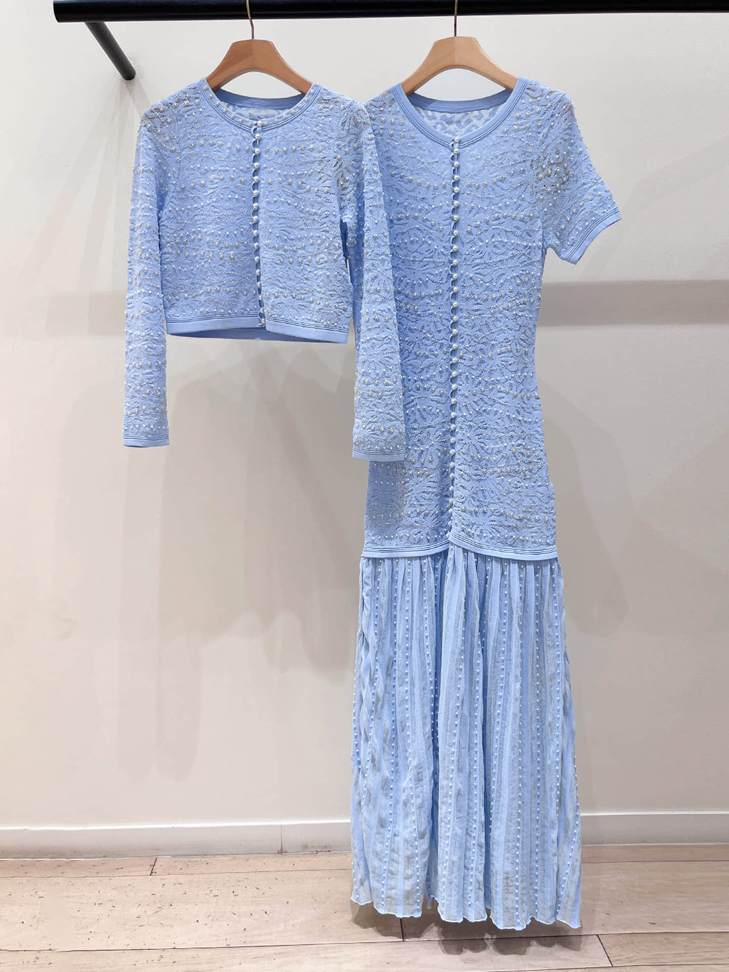 Women's Blue Knitted Cardigan Dress Two Piece Suit