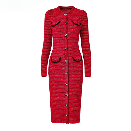 Women's red single-breasted knitted maxi dress