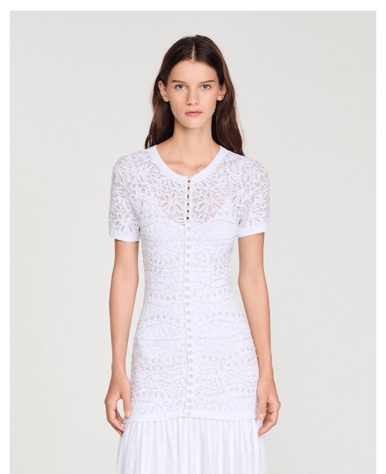 Women's lace openwork pearl short-sleeved white dress
