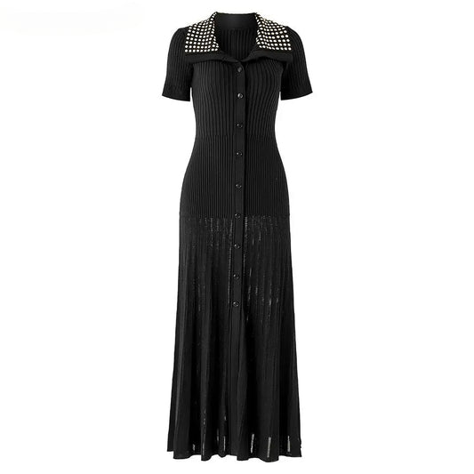 Short Sleeve Women Knit Slim Fitted Flared Hem Maxi Dress