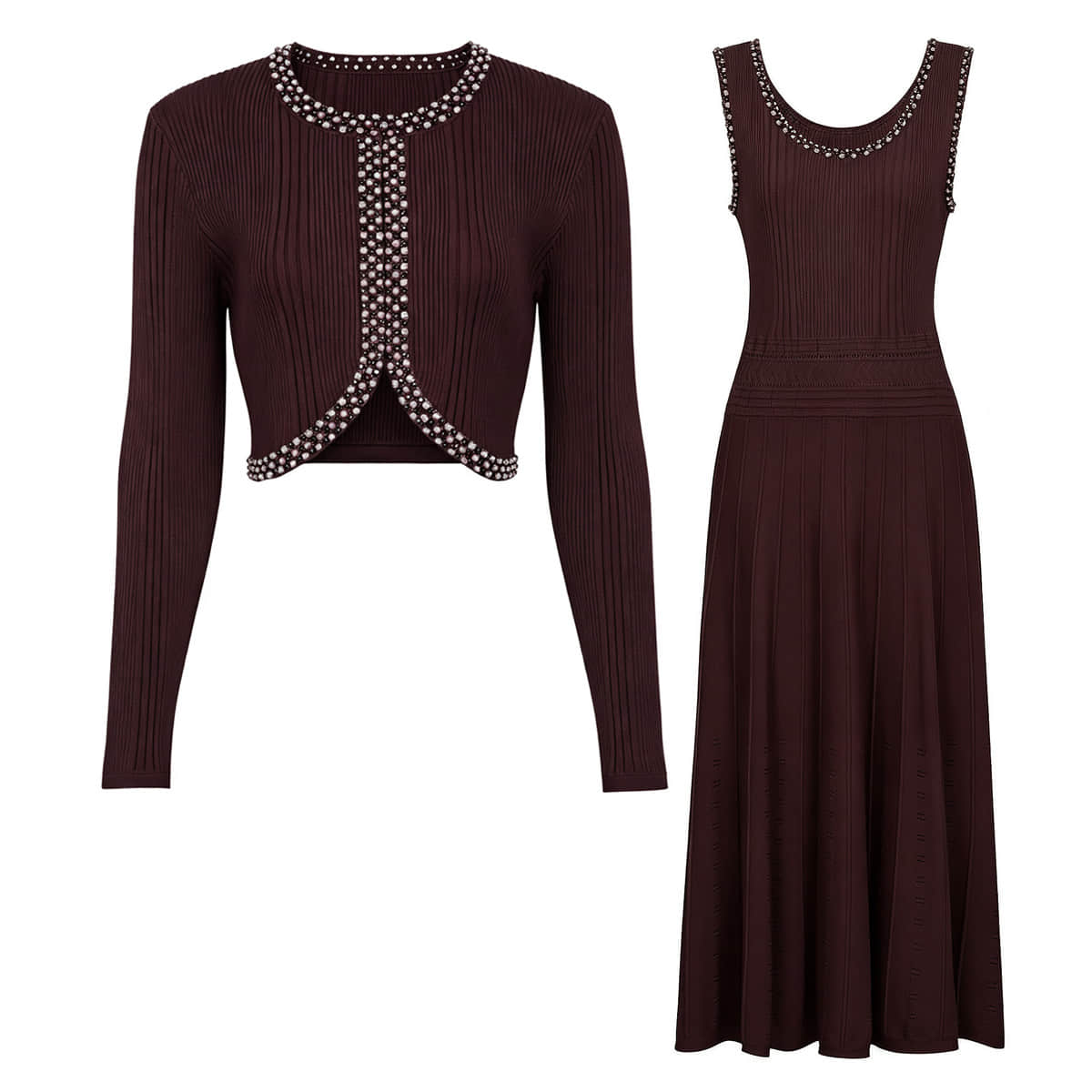 Two women‘s long-sleeved diamond-stitched knit suits