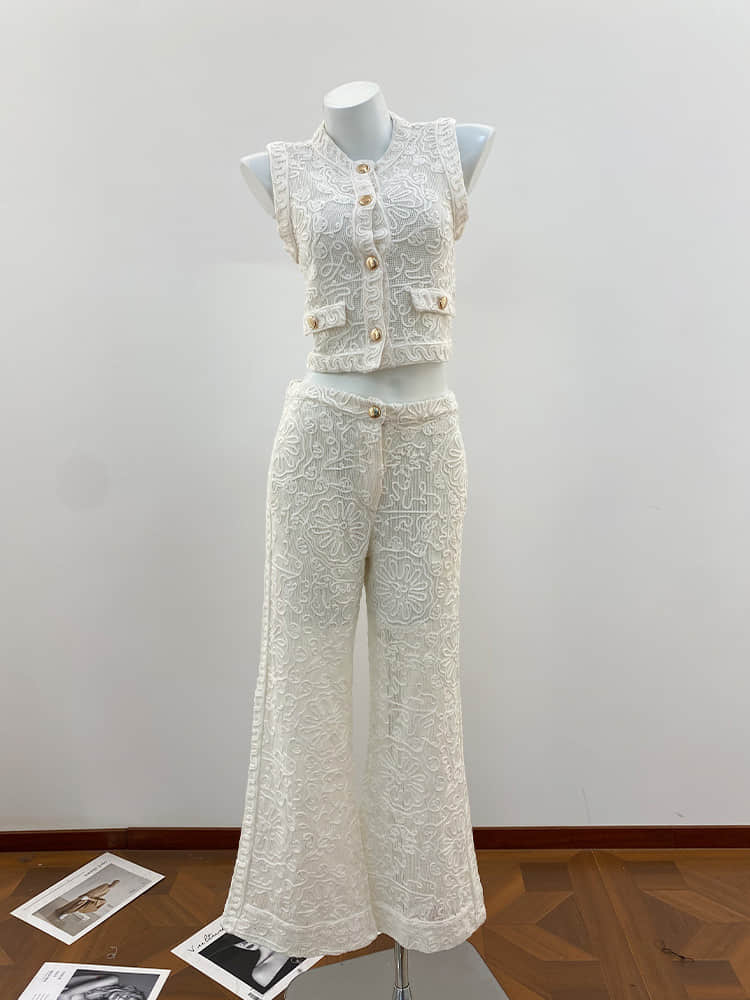Round neck knitted hollow knitted trousers two-piece set