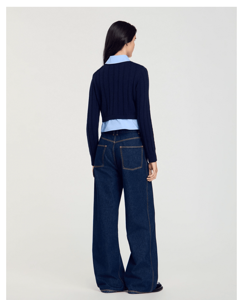 Black slim-fit knitted patchwork long-sleeved sweater