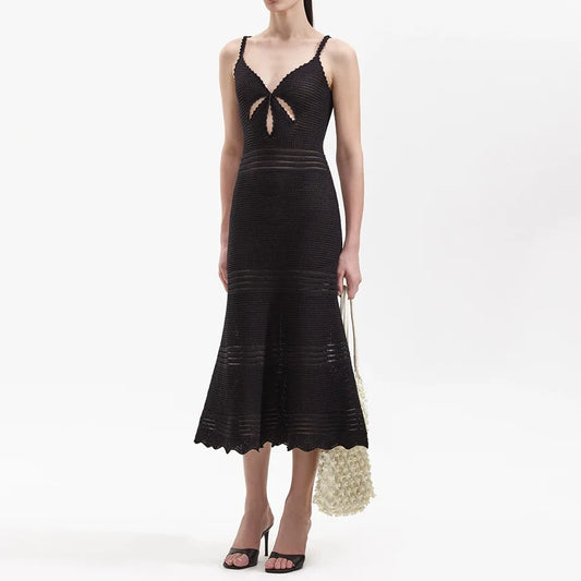 Women Hollow Out Knitted Designed Mermaid Skirt Slim Fitted Women Midi Slip Dress Black