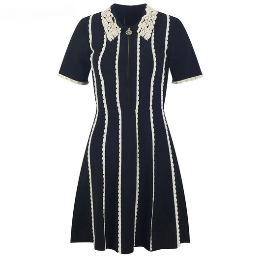 Turn-down Collar Short Sleeve Wear Women Knit Mini A-line Dress