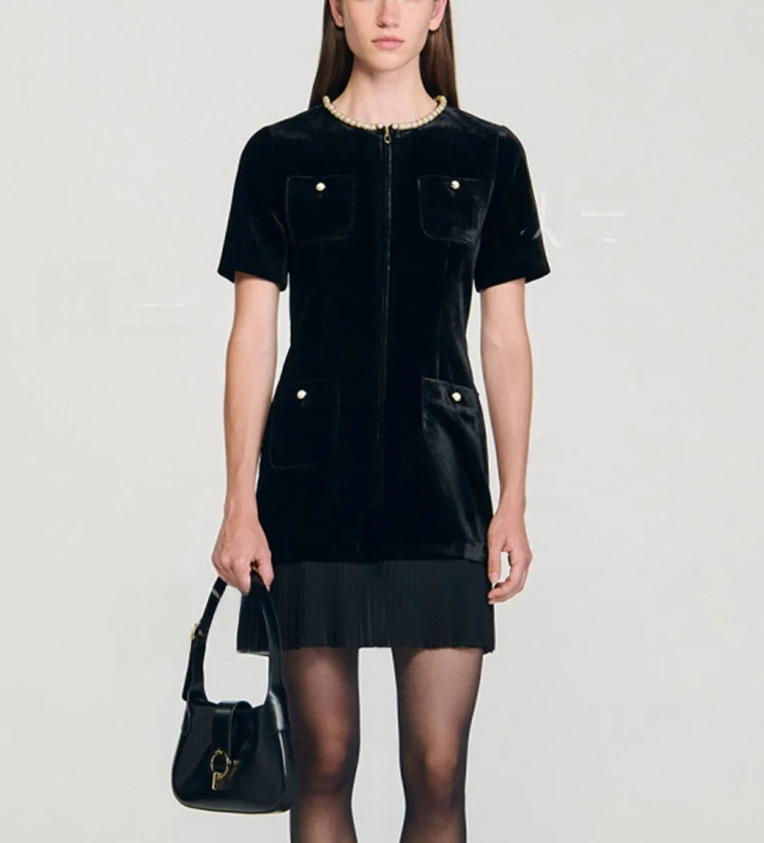 Women's black pearl short-sleeved dress