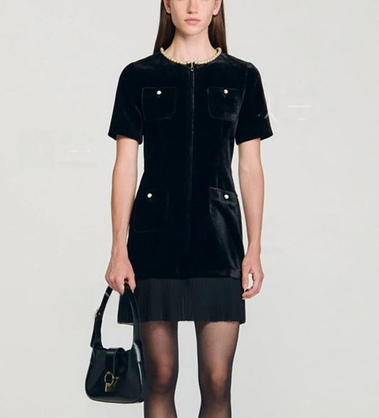 Women's black pearl short-sleeved dress