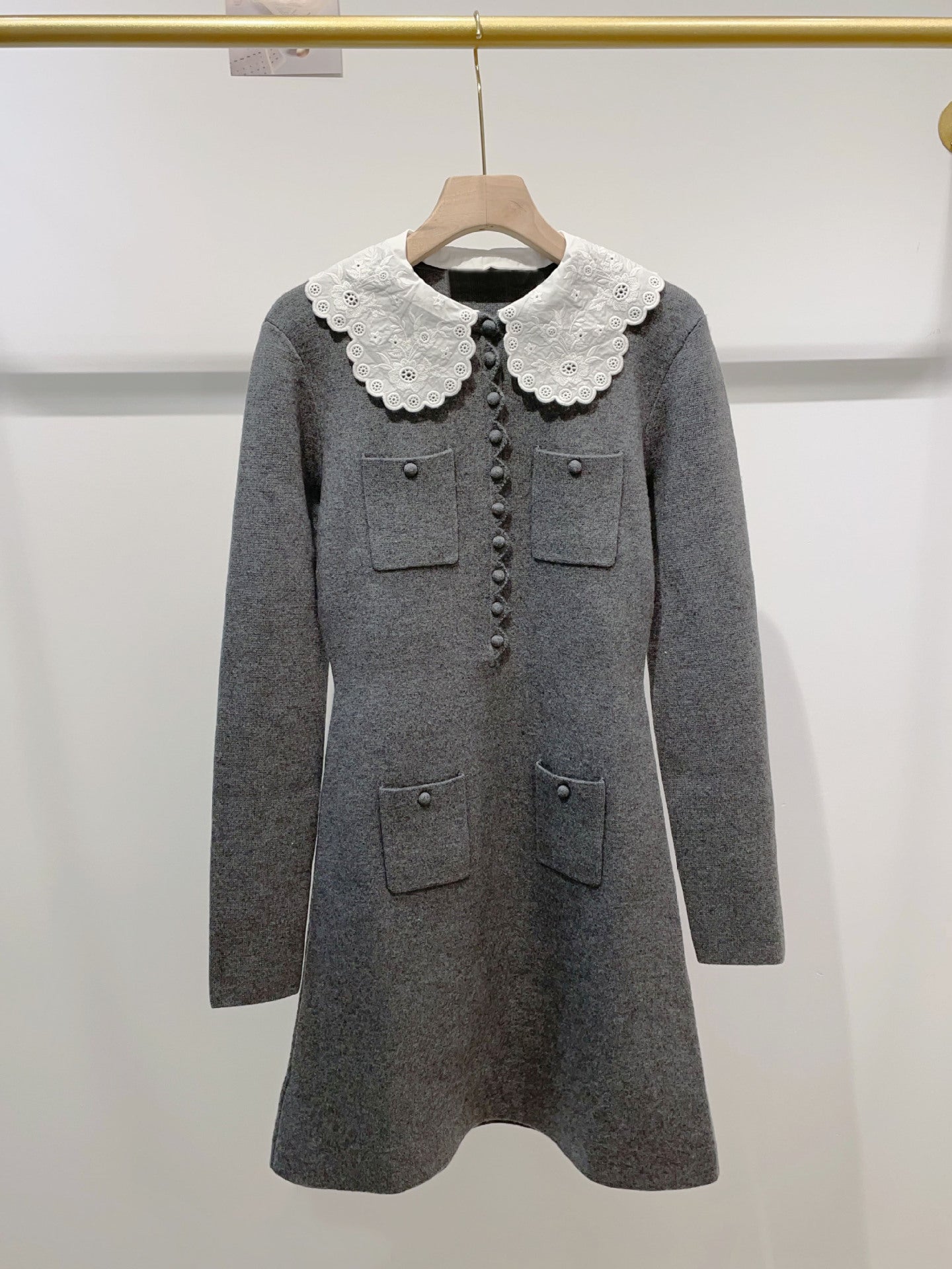 Women's Gray Long Sleeve Knit Fitted Dress