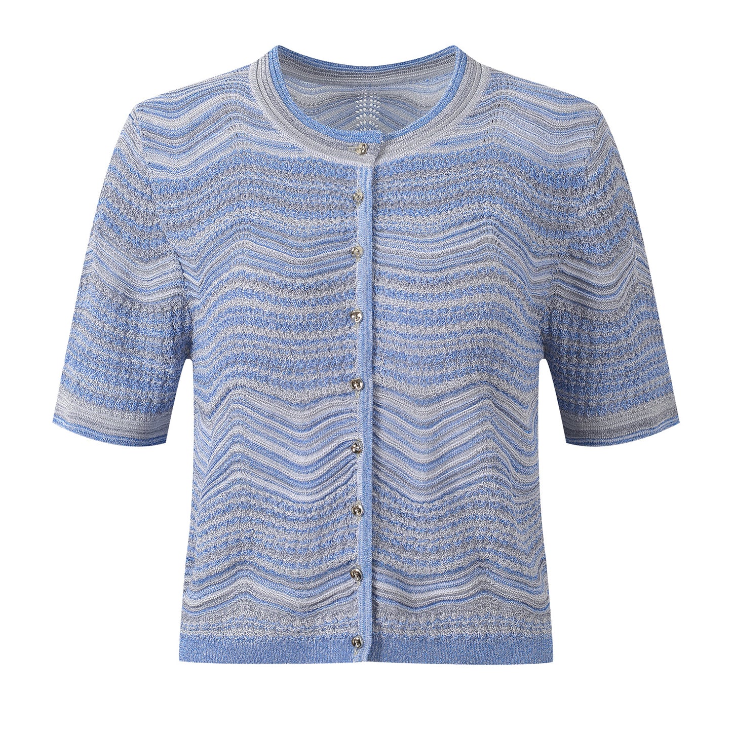 Women's short sleeved cardigan paired with a mid length skirt two-piece set