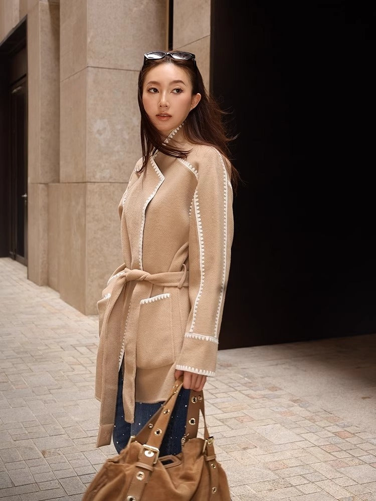 Women's French wool blend lace up short double-sided woolen coat