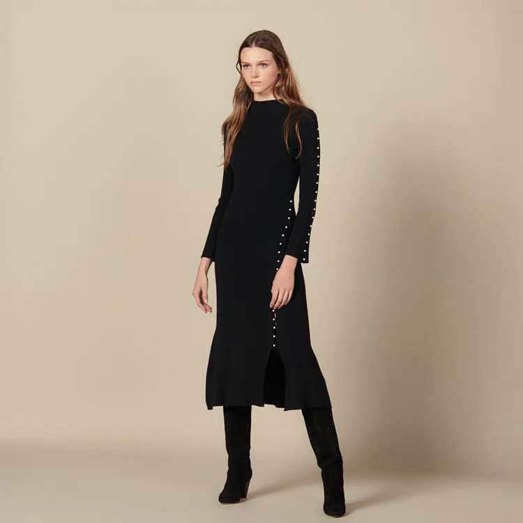 Women's black knitted round neck button-decorated maxi dress