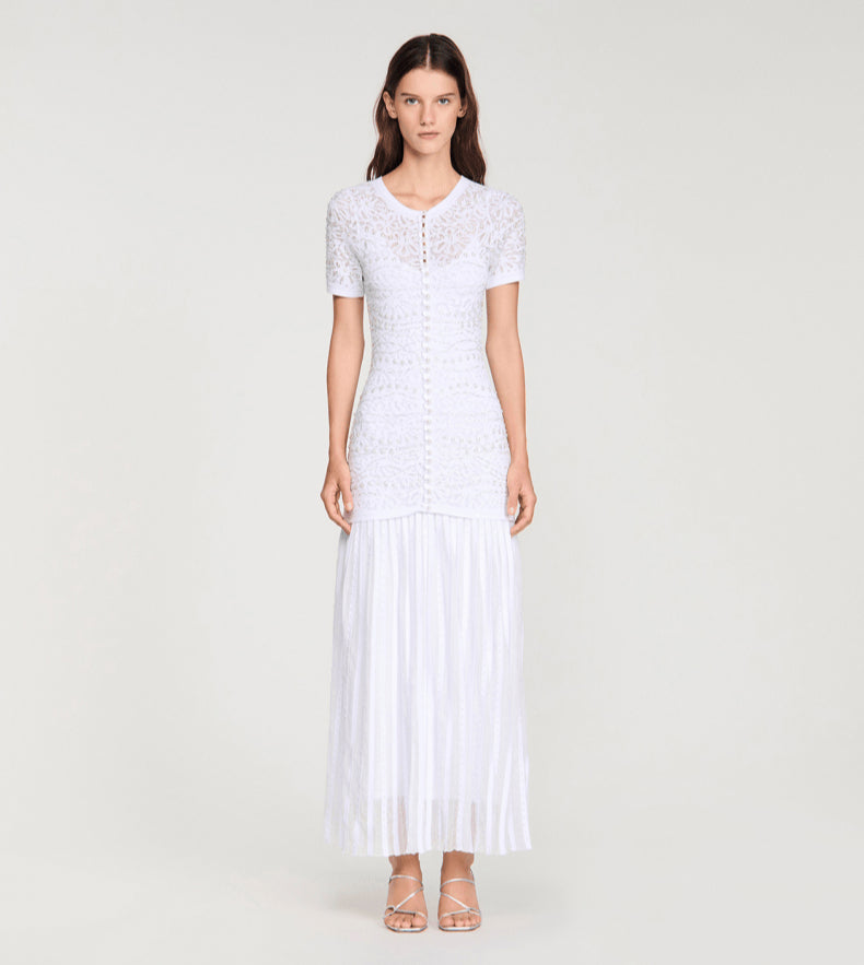 Women's lace openwork pearl short-sleeved white dress