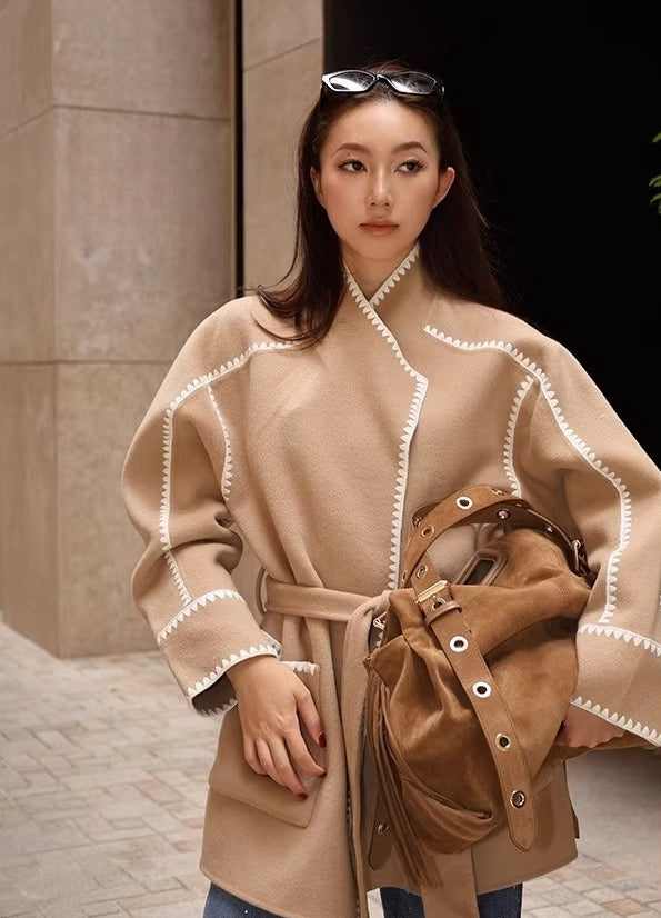 Women's French wool blend lace up short double-sided woolen coat