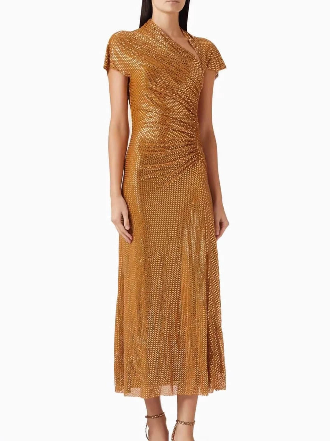 Diamond studded gold short sleeved elegant dress