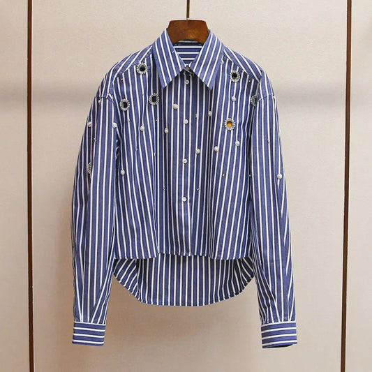 Women's blue long-sleeved pearl hollow shirt
