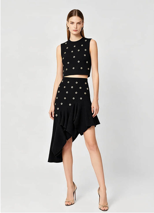 Women's black knitted vest or skirt two-piece suit