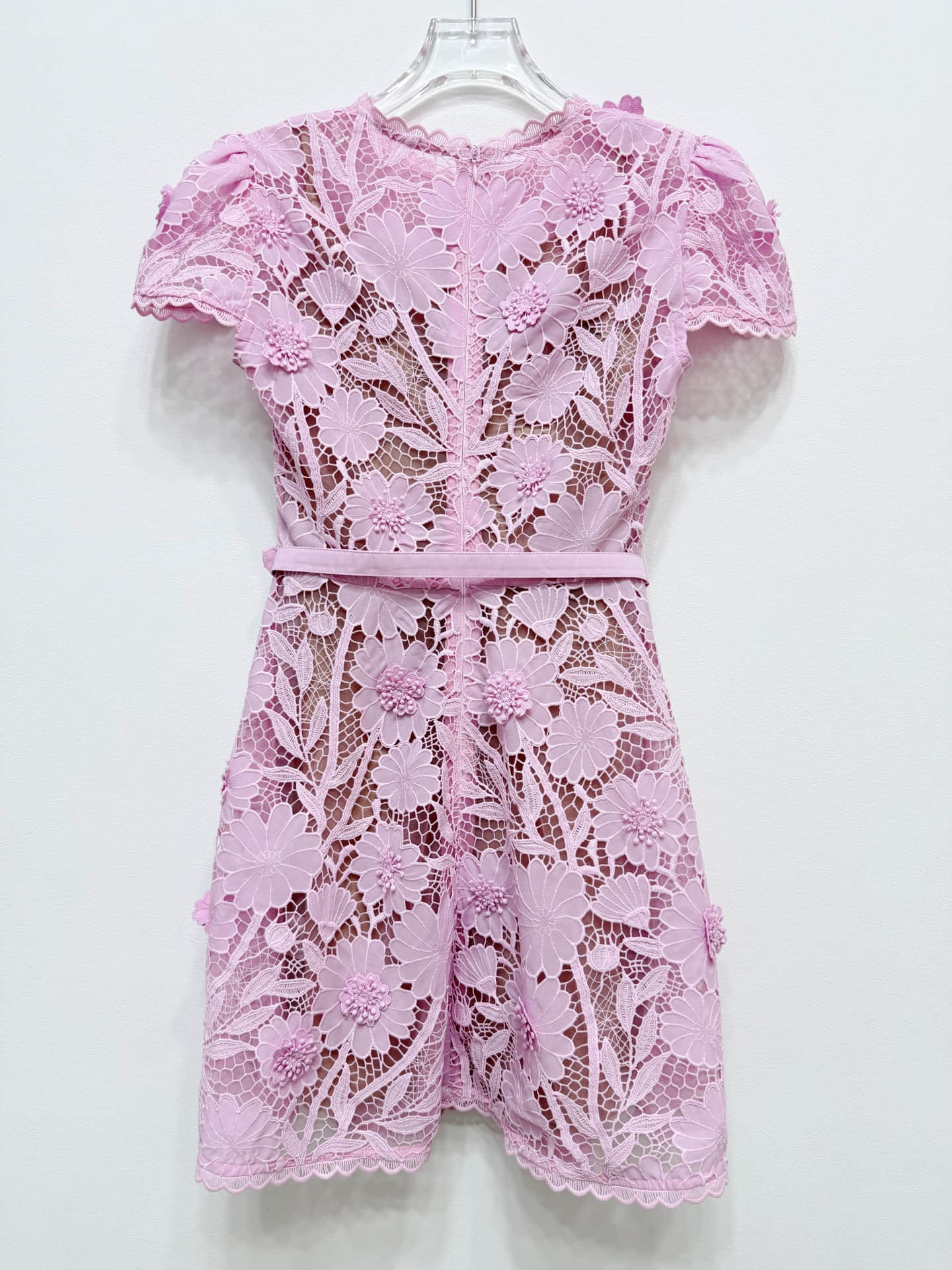 Pink short sleeve lace mini dress
