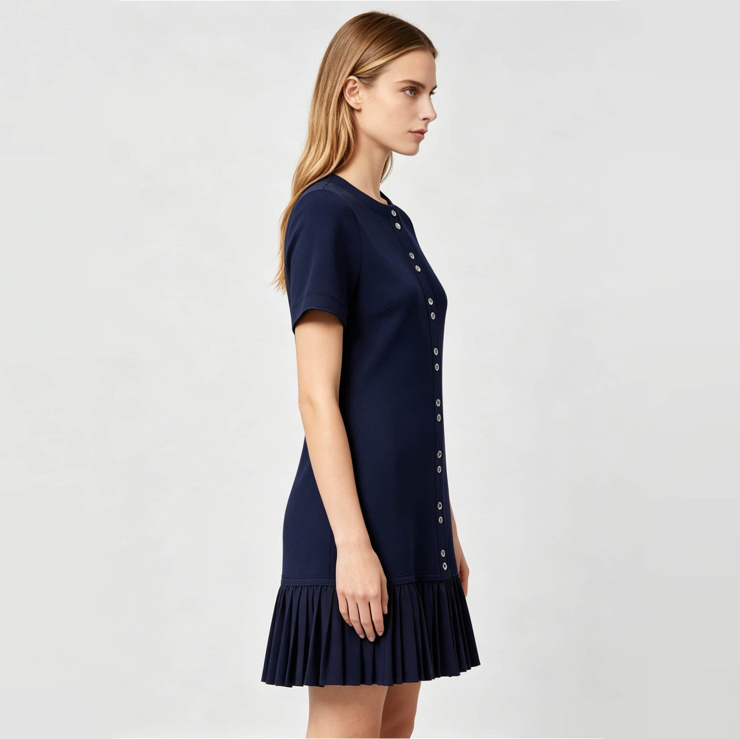 Black short-sleeved single-breasted slim-fit knitted dress