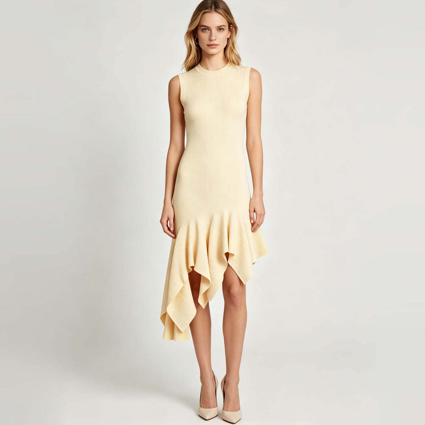 Asymmetrical crew neck knitted dress
