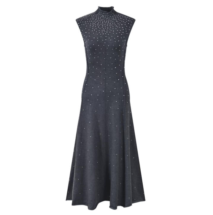 Women's gray diamond inlaid elegant slim fit dress