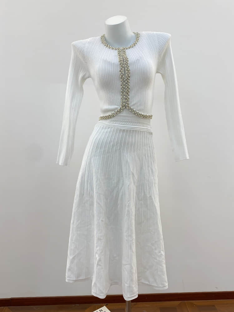 Diamond-studded crew neck cardigan or backless dress