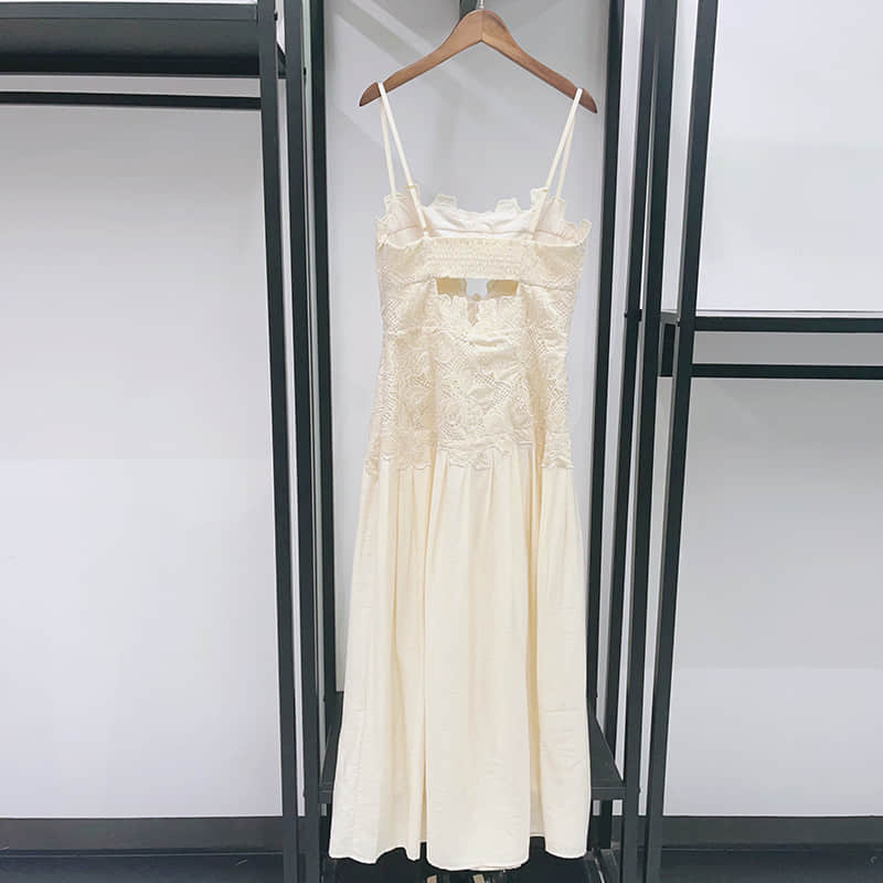 Summer beige embroidered suspender dress